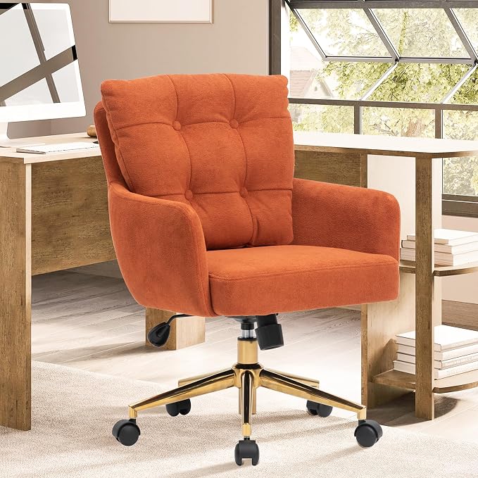 Flannel Office Chair, Comfy Home Office Desk Chairs with Lumbar Support, Modern Velvet Desk Chair Gold Legs Small Swivel Task Chair for Home Office, Bedroom, Study (Orange, L)