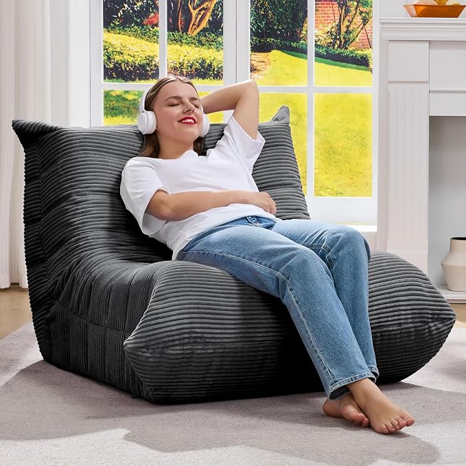 Hobestluk Adults Bean Bag Chair Faux Fur BeanBag Couch for Living Room | Grey Corduroy,Ergonomic Design,Memory Foam,UltraSoft,Anti-slip Bottom,No Assembly Required,Decorative Style for Living Room
