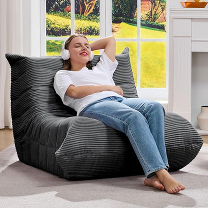 Hobestluk Adults Bean Bag Chair Faux Fur BeanBag Couch for Living Room | Grey Corduroy,Ergonomic Design,Memory Foam,UltraSoft,Anti-slip Bottom,No Assembly Required,Decorative Style for Living Room