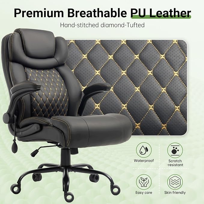 Office Chair, Big and Tall Executive Chairs with Lumbar Support for Back Pain, Breathable Desk Computer Chair with Adjustable Flip-up Armrests, Wide Cushion Swivel Home Office Chair Black PU