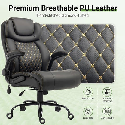 Office Chair, Big and Tall Executive Chairs with Lumbar Support for Back Pain, Breathable Desk Computer Chair with Adjustable Flip-up Armrests, Wide Cushion Swivel Home Office Chair Black PU