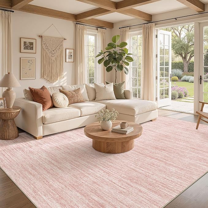 Nakagishi 10X12 Area Rugs Living Room: Washable Large Vintage Rug Neutral Non-Slip Soft Stain Resistant Indoor Carpet for Bedroom Nursery Dining Room Office Playroom - Pink