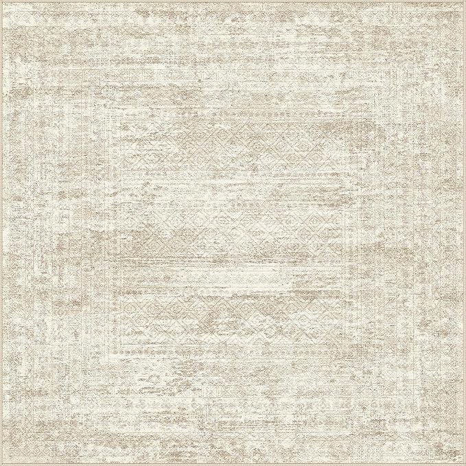 UERMEI Square Area Rugs : Washable 8x8 Neutral Modern Abstract Carpet for Living Room Bedroom - Soft Floor Mat with Non Slip Backing for Kitchen Nursery Dorms Farmhouse Home Decor - Beige/Brown