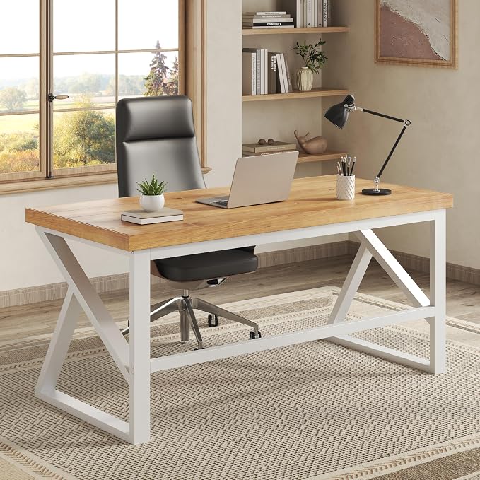 IBF 100% Solid Wood Desk, Minimalist Natural Real Wood Computer Desk, Rustic Desk for Home Office Writing Study, Industrial Wooden PC Gaming Workstation Table, Natrual Oak 47 inch