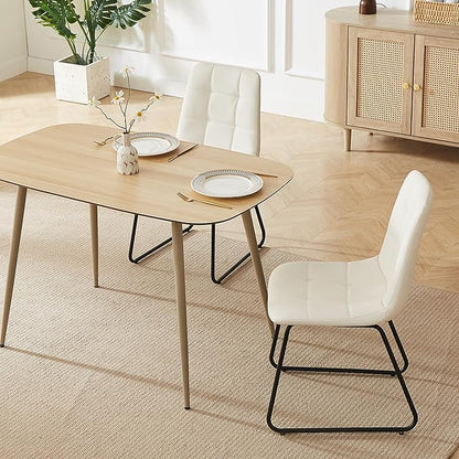 HIPIHOM 47.2'' Dining Table Set for 4 - Modern Wood Table with Cat Scratch-Resistant Surface & 4 U-Shaped White Leather Chairs, Kitchen & Dining Room Furniture, Space-Saving Table and Chairs Set