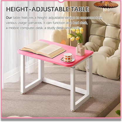 4NM No Tool Assembly 23.6" Small Desk, Folding Portable Desk with Wheels, Adjustable Height Foldable Computer Home Office Desks, Collapsible Study Writing Table for Space Saving Bedroom - Pink White