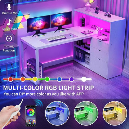 DWVO L Shaped Desk with Drawers, 55" Corner Computer Desk with Bookshelf & Power Outlets & LED Lights, Home Office Desk with Storage Shelves, White