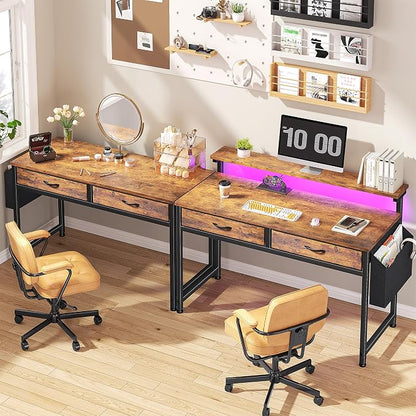 Gaming Desk with LED Lights & 2 Fabric Drawers, 39.4Inch Home Office Computer Desk with Side Pocket & Ergonomic Monitor Stand, Small Space Study Writing Table with Anti-Tip Design, Rustic Brown