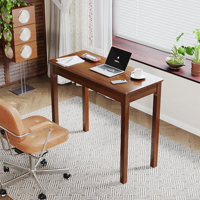 Solid Wood Desk with Drawers - 36 x 16 Inch Simple Narrow Desks, Rubber Wood Study Table, Small Writing Desk for Bedroom|Small Spaces - Natural Boho Desks