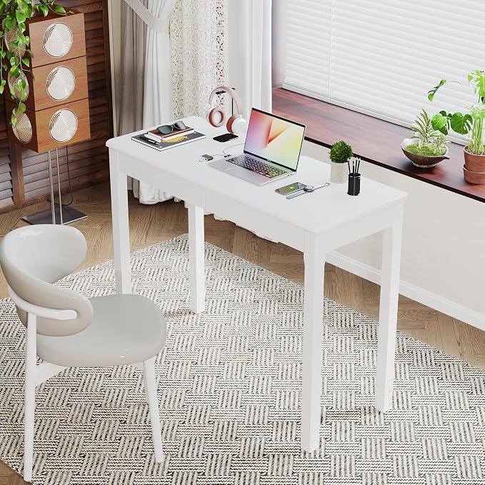 Wood Desk with Drawers - Solid Wood Mid Century Modern Desks for Bedroom, Small Computer Desk for PC, Laptop, Study, Makeup, 39.4 W x 29.5 H x 15.75 D in, White