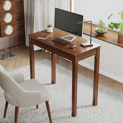Solid Wood Desk with Drawers - 31.5" Narrow Desks for Small Spaces, Mid Century Modern Desks, Small Wooden Vintage Computer Writing Desk, Study Table for Home Office Bedroom, Walnut