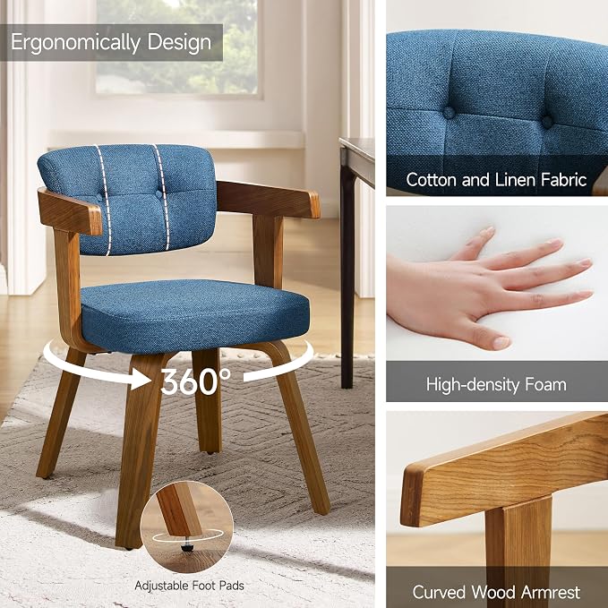 Art Leon Office Chair No Wheels - Mid Century Modern Desk Chair Fabric Upholstered Swivel Dining Chairs with Wood Legs for Small Spaces Home Office Living Room Bedroom Study, Blue/Walnut