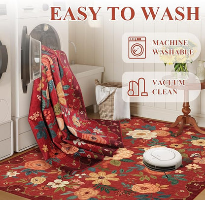 DUKINO 2x6 Runner Rug for Hallway, Washable Kitchen Runner Rug with Non Slip Backing, Low Pile Soft Boho Floral Runner for Kitchen, Hallway, Entryway, Laundry, Bedroom, Red