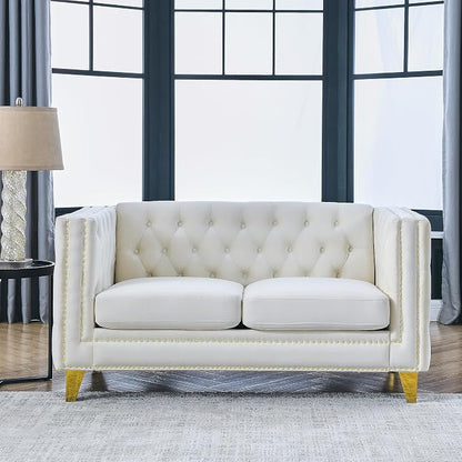 mikibama 58" Velvet Loveseat Sofa Couch for Living Room,Button Tufted 2 Seater Couches with Nailhead Trims,Modern Upholstered 2-seat Sofas with Golden Metal Legs for Bedrooom,Office