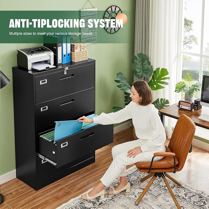 Letaya File Cabinets,4 Drawer Metal Lateral Filing Organization Storage Cabinets with Lock,Home Office for Hanging Files Letter/Legal/F4/A4 Size (Require Assembly)