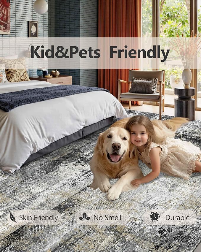 Latte&Fog 4x6 Rug for Living Room, Modern Abstract Washable Area Rug, Boho Non Slip Low Pile Throw Carpet for Indoor Bedroom, Dining Room, Office, Dorm, Classroom, Farmhouse and Kids Room
