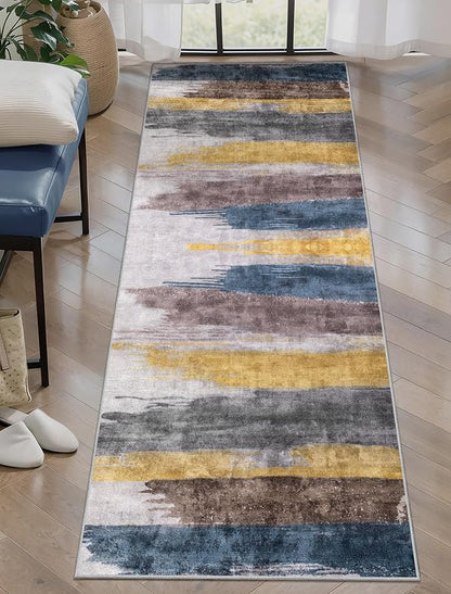 Ciicool 2x6 Washable Runner Rug, Modern Abstract Hallway Rugs Runner, Non-Slip Thin Accent Rug Lightweight Yellow Grey Blue Print Distressed Carpet for Laundry Entryway Bedroom Kitchen Indoor