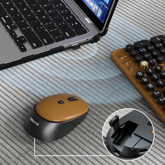 Colorful Wireless Computer Keyboards Mouse Combos, UBOTIE Polychrome Round Keycaps Retro PC Keyboards 2.4GHz Radio Frequency Connection with Optical Mouse(Black Brown)