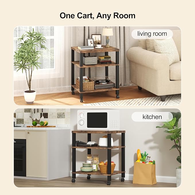 3-Tier Printer Stand with Wheels, Large Under Desk Rolling Cart for Office Storage, Heavy Duty Machine Stand with Adjustable Shelf, 22.04"x17.71"x26.54", Rustic Brown