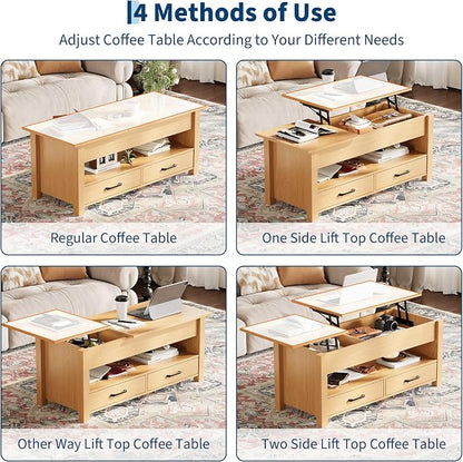 IDEALHOUSE 47.2" Coffee Table with Storage, Multi-Function Lift Top Coffee Table with Wooden Lift Tabletop, 2 Drawers and Hidden Compartment, Central Table for Living Room Home Office, Natural