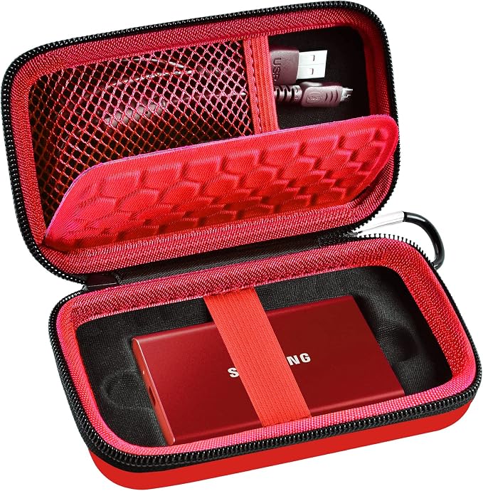 Case Compatible with Samsung T7/ T7 Touch Portable SSD 1TB 2TB 500GB USB 3.2 External Solid State Drive, Travel Carrying Storage Organizer Fits for USB Cables and More Accessories (Red)
