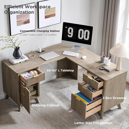 T4TREAM 60'' Fluted Executive L Shaped Desk, Modern Home Office Desk with Charging Station and File Drawer, Computer Corner Desks with Drawers & Storage Cabinet for Office Home, Bedroom, Alder Grey