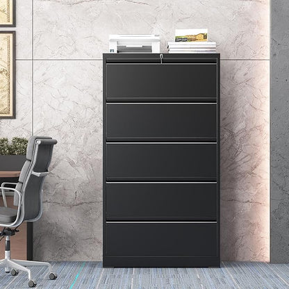 5 Drawer Lateral File Cabinet with Lock, Metal File Cabinet, Lateral File Cabinets for Home Office, Heavy Duty File Storage Cabinet for Legal/Letter/A4 Document, Assembly Required, Black