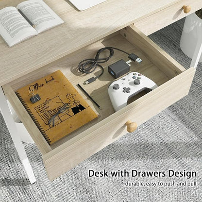 Weehom Computer Desk with Drawers, Home Office Desk for Writing, Studying, and Gaming - Sturdy and Spacious Workstation for PC and Laptop(Beige)