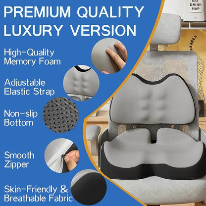 Benazcap Large Memory Foam Seat Cushion Lumbar Support Pillow for Sciatica & Tailbone Pressure Relief Coccyx Pad for Office Chair, Wheelchair, Car, Home, Office, Grey
