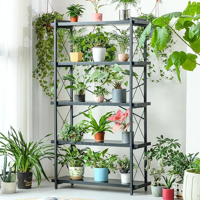 HCHQHS Bookshelf, 5-Tier Industrial Bookcase, Black Open Book Shelf, Freestanding Tall Bookshelves with Metal Frame