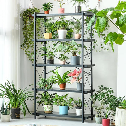 HCHQHS Bookshelf, 5-Tier Industrial Bookcase, Black Open Book Shelf, Freestanding Tall Bookshelves with Metal Frame