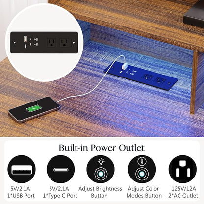 Lareth L Shaped Desk with Monitor Stand Farmhouse Computer Desk with LED Lights, Executive L Corner Desk with Power Outlets, Home Office Desk with Storage File Drawers for Home Working Gaming, Walnut