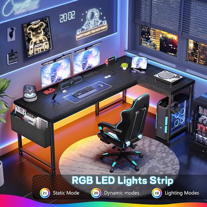 DurayLoly 55" 0.95 Thicker L Shaped Computer Desk for Home Office, Black | Gaming Desk with Power Outlets & LED Lights,Computer Desk for 2 Monitors ,Reversible Corner Desk,220 lbs,Bedroom,Home Office