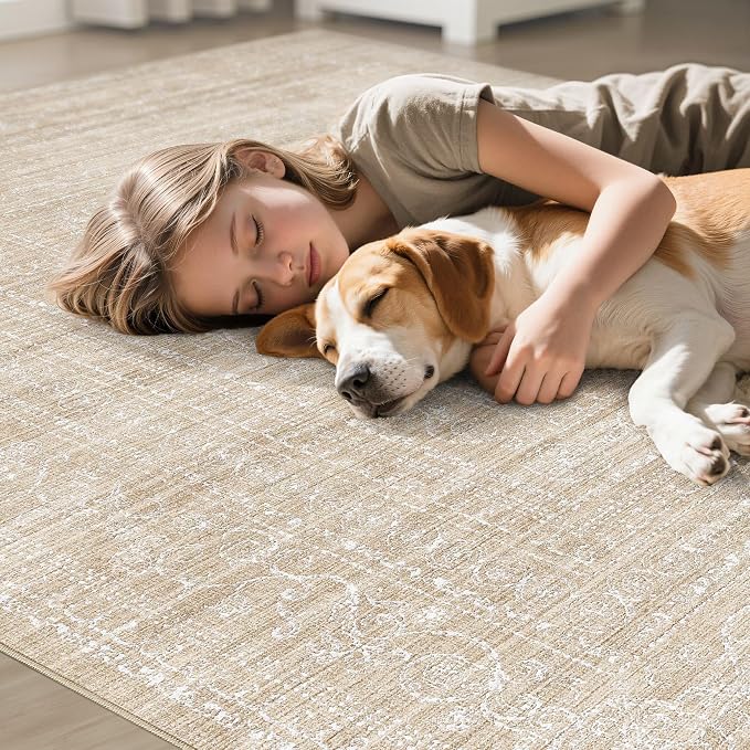 7x9 Area Rug Living Room: Washable Large Neutral Soft Rug Farmhouse Stain Resistant Indoor Non-Slip Floor Carpet for Bedroom Nursery Kids Playroom Office Dining Room Dorm- Beige