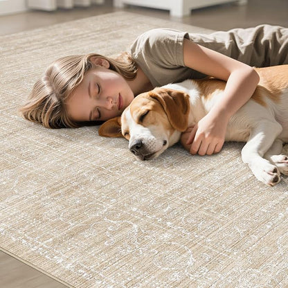 7x9 Area Rug Living Room: Washable Large Neutral Soft Rug Farmhouse Stain Resistant Indoor Non-Slip Floor Carpet for Bedroom Nursery Kids Playroom Office Dining Room Dorm- Beige