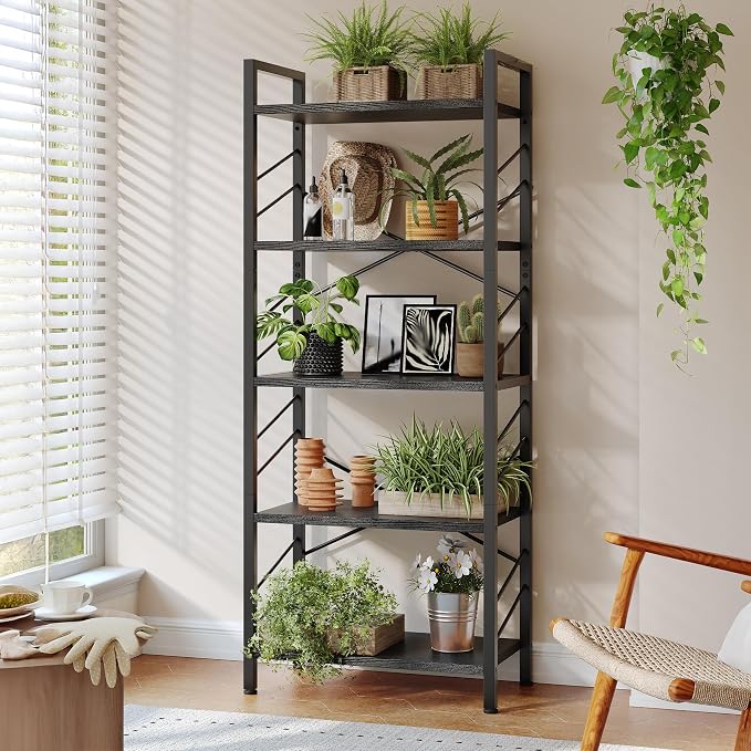 DurayLoly 5 Tier Bookshelf, Industrial Tall Bookcase, Modern Display Book Shelf with Metal Frame and Sidebars for Bedroom, Living Room and Home Office, Black