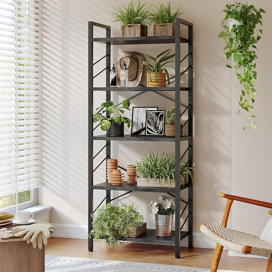DurayLoly 5 Tier Bookshelf, Industrial Tall Bookcase, Modern Display Book Shelf with Metal Frame and Sidebars for Bedroom, Living Room and Home Office, Black
