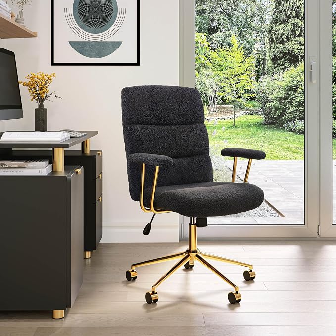 Elegant Black and Gold Office Chair with Textured Boucle Fabric, Modern Desk Chair with Padded Seat, Height Adjustable with Durable Gold Base