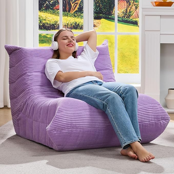Hobestluk Adults Bean Bag Chair Faux Fur BeanBag Couch for Living Room | Purple Corduroy,Ergonomic Design,Memory Foam,UltraSoft,Anti-slip Bottom,No Assembly Required,Decorative Style for Living Room