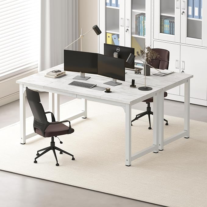 NSdirect 63" Large Computer Desk,Modern Simple Style PC Table Office Desk Wide Workstation for Study Writing,Gaming and Home Office,Extra 1" Thicker Wooden Tabletop and Black Metal Frame,Stone White