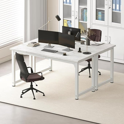 NSdirect 63" Large Computer Desk,Modern Simple Style PC Table Office Desk Wide Workstation for Study Writing,Gaming and Home Office,Extra 1" Thicker Wooden Tabletop and Black Metal Frame,Stone White