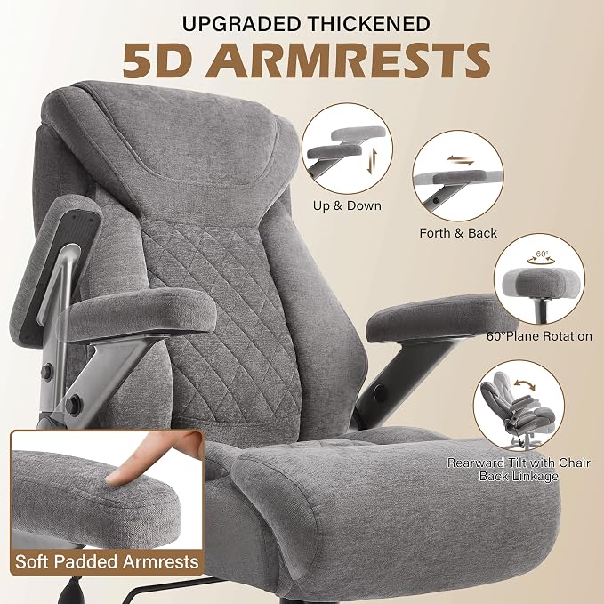 Fabric 700lbs Big and Tall Office Chair, Ergonomic Heavy Duty Executive Cloth Office Chair with 5D Flip Arms & Adjustable Lumbar Support & Dual Rubber Wheel, Large Thick Padded Extra Wide Seat, Grey