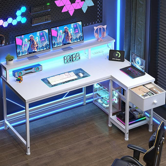 DurayLoly 40" L- Shaped Computer Desk with LED Lights & Power Outlet,Gaming Desk with Monitor Stand for Gamer,Home Office Desk with Drawer for Student Study Room,Bedroom,Small Working Room,White