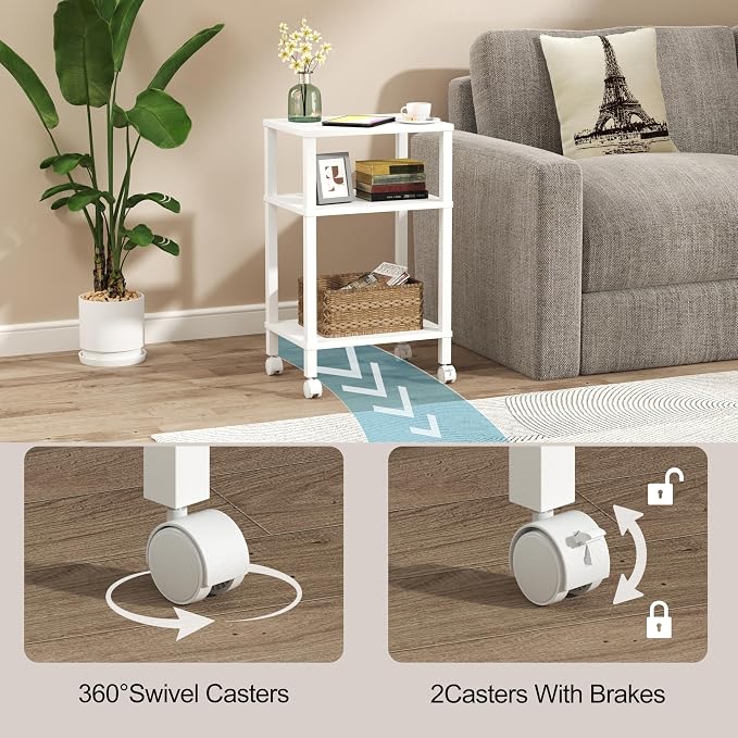 3-Tier Printer Stand with Storage, Mobile Printer Cart with Rolling Casters and Adjustable Feet, Under Desk Storage Shelf for Home Office,Small Printers, White, 15.7" x 11.8" x 25.9"