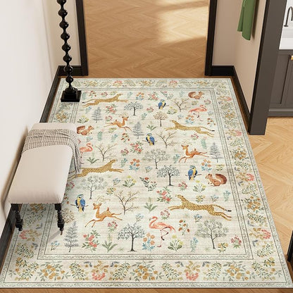 DUKINO 4x6 Rug, Washable Animal Area Rug with Non Slip Vintage Design, Indoor Soft Low Pile Carpet for Bedroom, Nursery, Dining Room, Farmhouse, Playroom, White