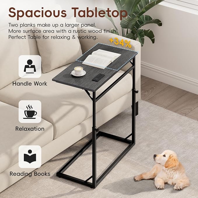 Vagusicc C Shaped End Table with Charging Station, Large C-Table End Table Adjustable Height Side Table for Couch, Sofa Table Slide Under Couch Table TV Tray Table for Living Room, Bedroom,Gray Walnut