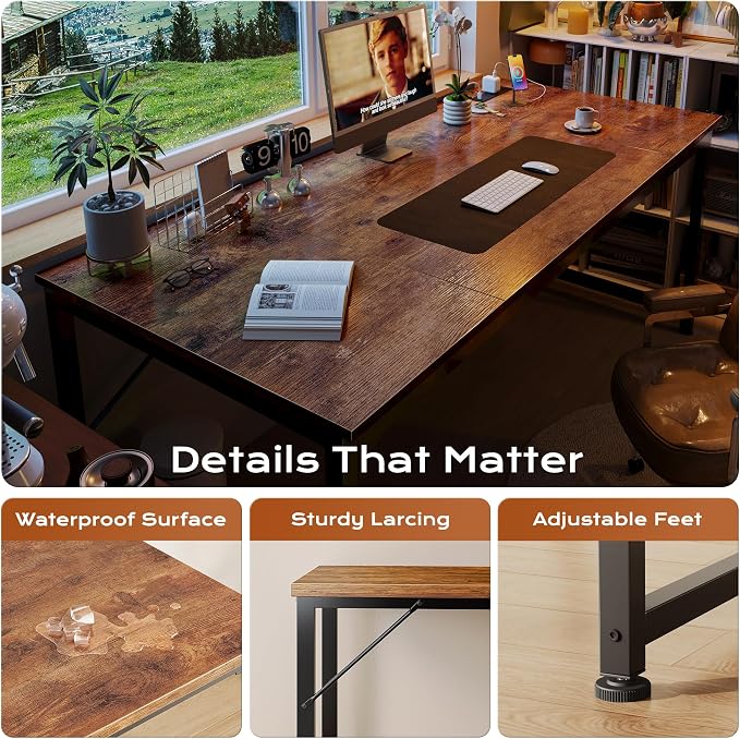 PRAISUN 63 X 30 Inch Computer Desk with Power Outlets & USB-C Port,Larger and Longer Office Desk with Deeper Desktop, Study, Bedroom, Writing Work from Home Table, Metal Frame, Rustic Brown