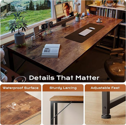 PRAISUN 63 X 30 Inch Computer Desk with Power Outlets & USB-C Port,Larger and Longer Office Desk with Deeper Desktop, Study, Bedroom, Writing Work from Home Table, Metal Frame, Rustic Brown