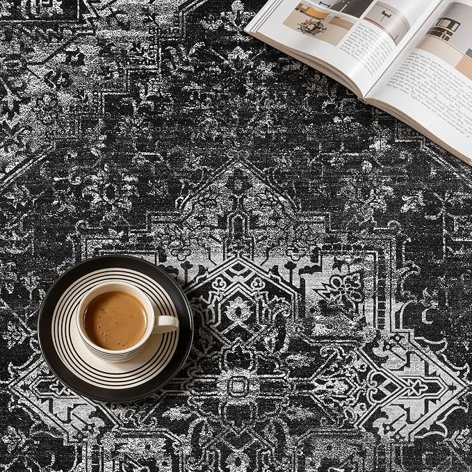UERMEI 5x7 Area Rug Living Room Rugs - Washable Vintage Soft Large Rug Indoor Floor No Slip Rug Carpet for Bedroom Farmhouse Under Dining Table Home Office Decor - Black
