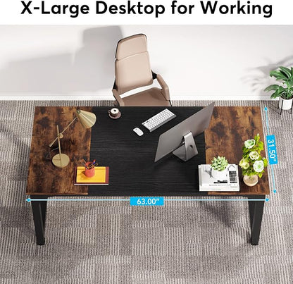 LITTLE TREE 63 Inch Large Executive Computer Office Desk, Brown+Black